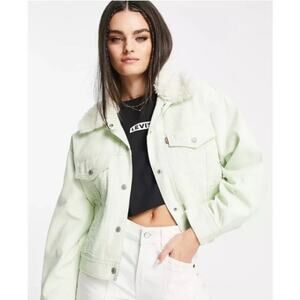 Levis Womens Cropped Corduroy Trucker Jacket Sherpa Lined Collar XS Mint Green